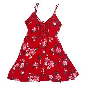 Funky Soul Red Floral Lace Trim Mini Dress Women's Size XS Tie Back Y2K Coquette